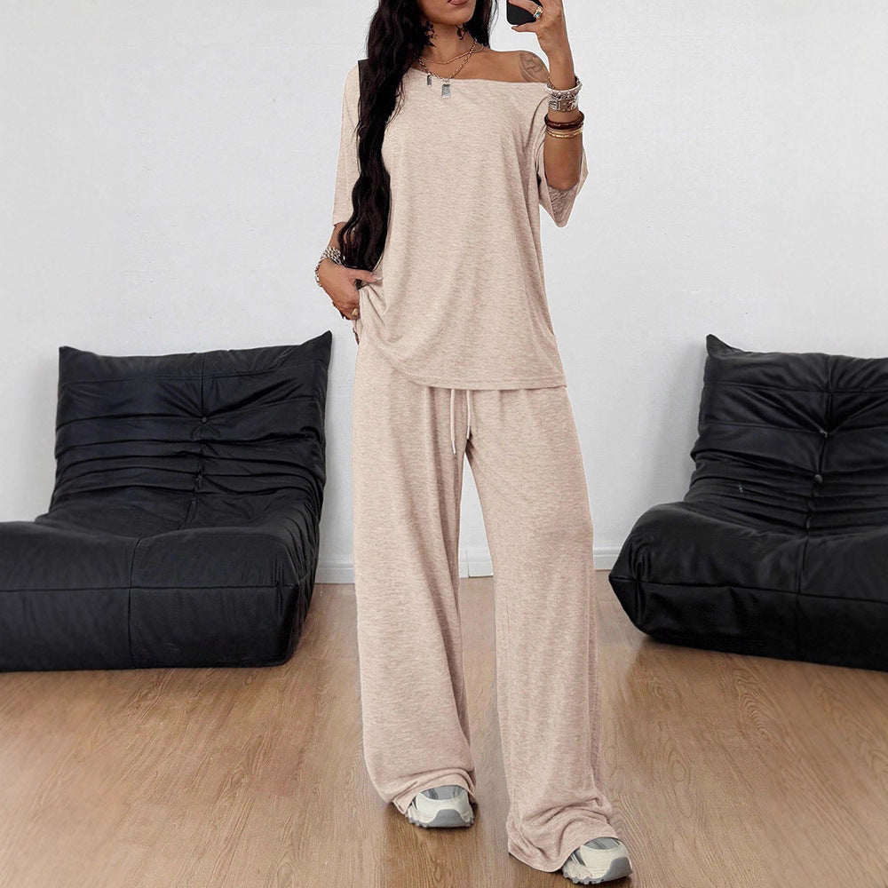 Casual 2 Pieces Set For Woman Two Piece Outfits Blusas T Shirt Tees Simple Style Homewear Loose Solid Color by Ricaloux