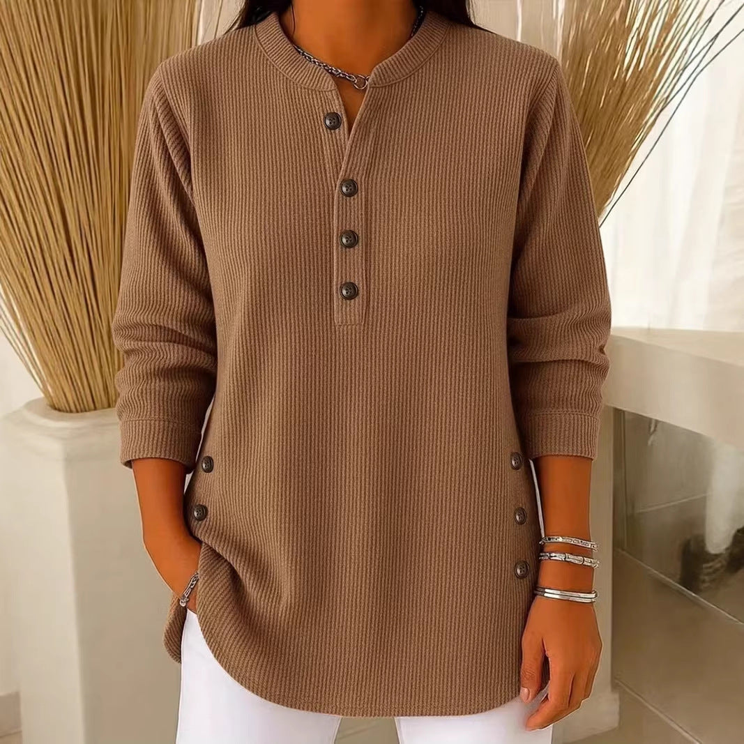 Womens Solid-color Corduroy Casual V-neck Long-sleeve Top With Buttons by Ricaloux
