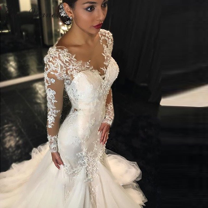 Trailing White Temperament Is Thin And Long Lace Wedding Dress - RICALOUX