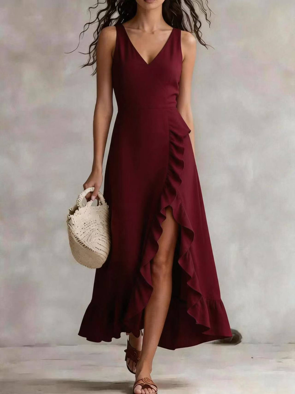 Womens V-neck Sleeveless Flounced Hem Split Dress - RICALOUX