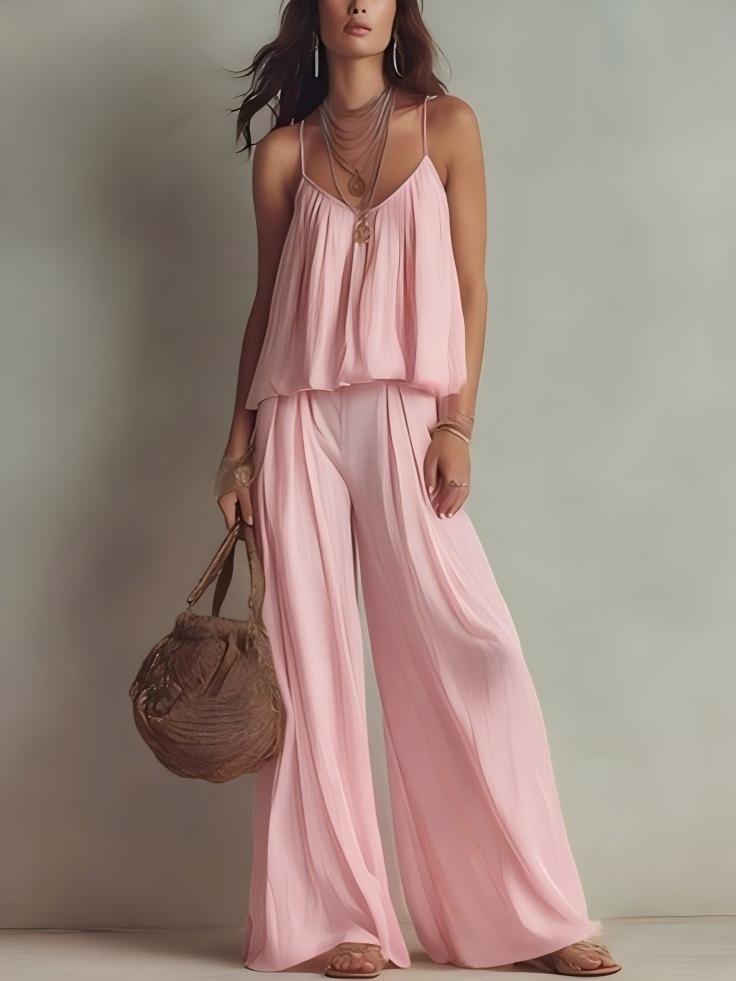 Square Neck Loose Cami Crop Top & High Waist Flowy Wide Leg Pants Two Piece Vacation Outfit Set – Premium 4 | RICALOUX