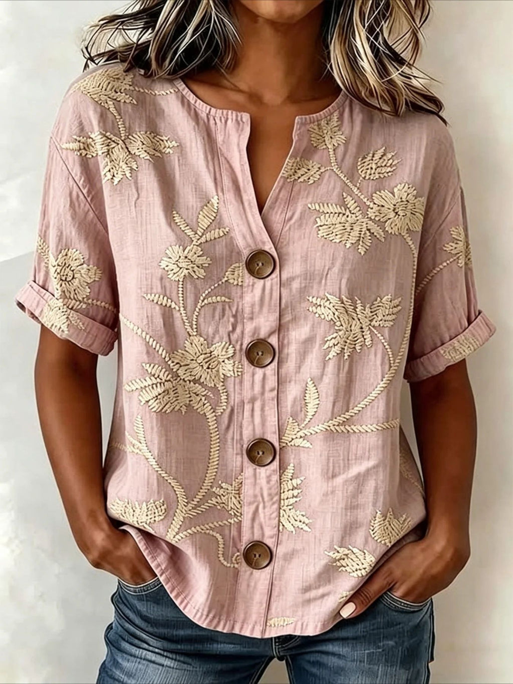 Lantern-sleeve Printed Button-up Womens Blouse by Ricaloux