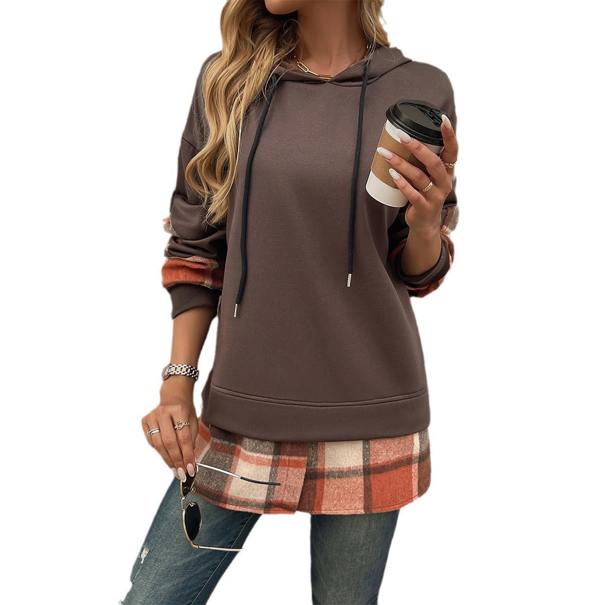 Women's Vintage Oversized Hoodie With Plaid Patchwork Stylish Y2k Clothing Streetwear Round Neck Hooded Long Sleeve Sweatshirts - RICALOUX