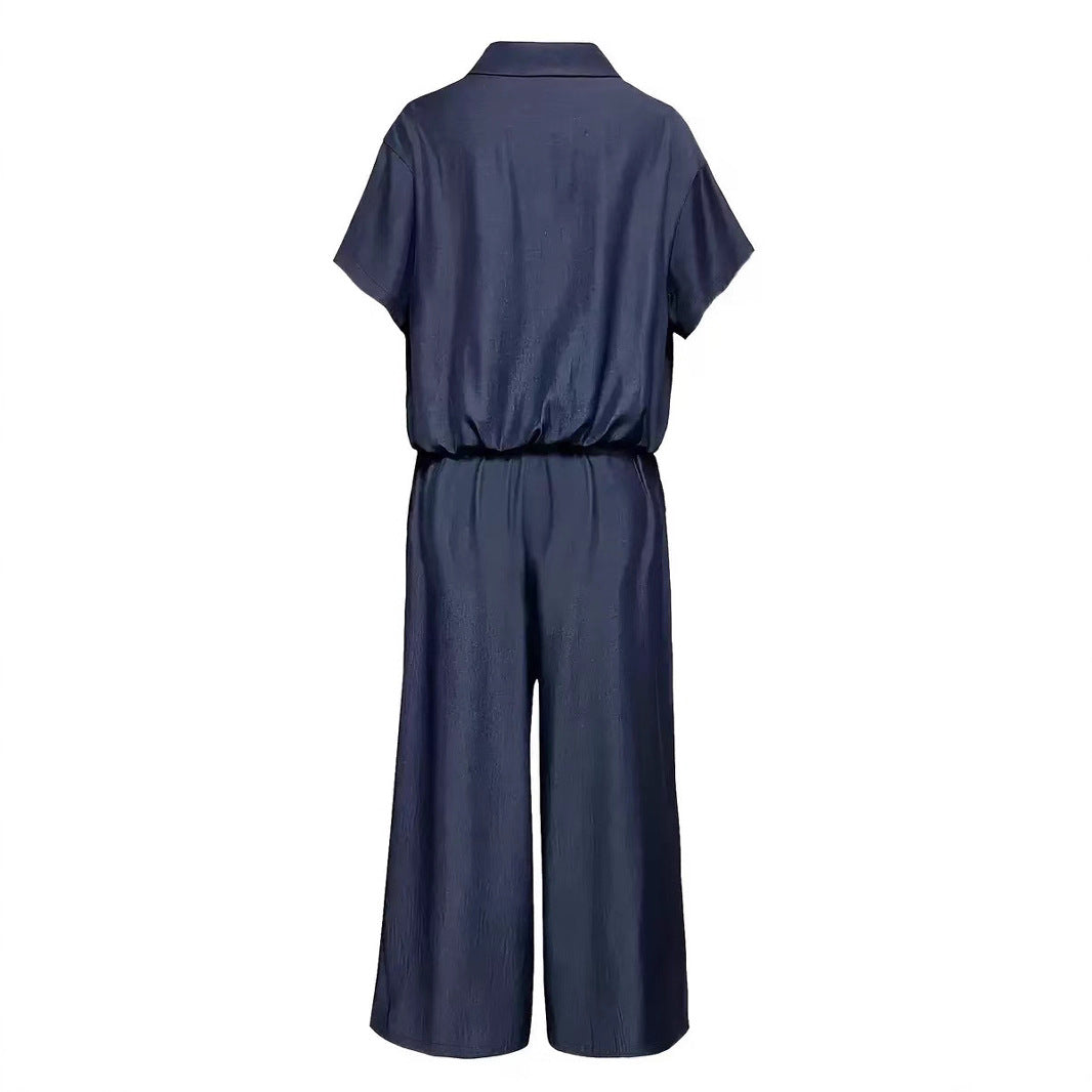 Womens Fashionable Loose Casual Solid-Color Two-Piece Set Short-Sleeve Top And Wide-Leg Long Pants by Ricaloux