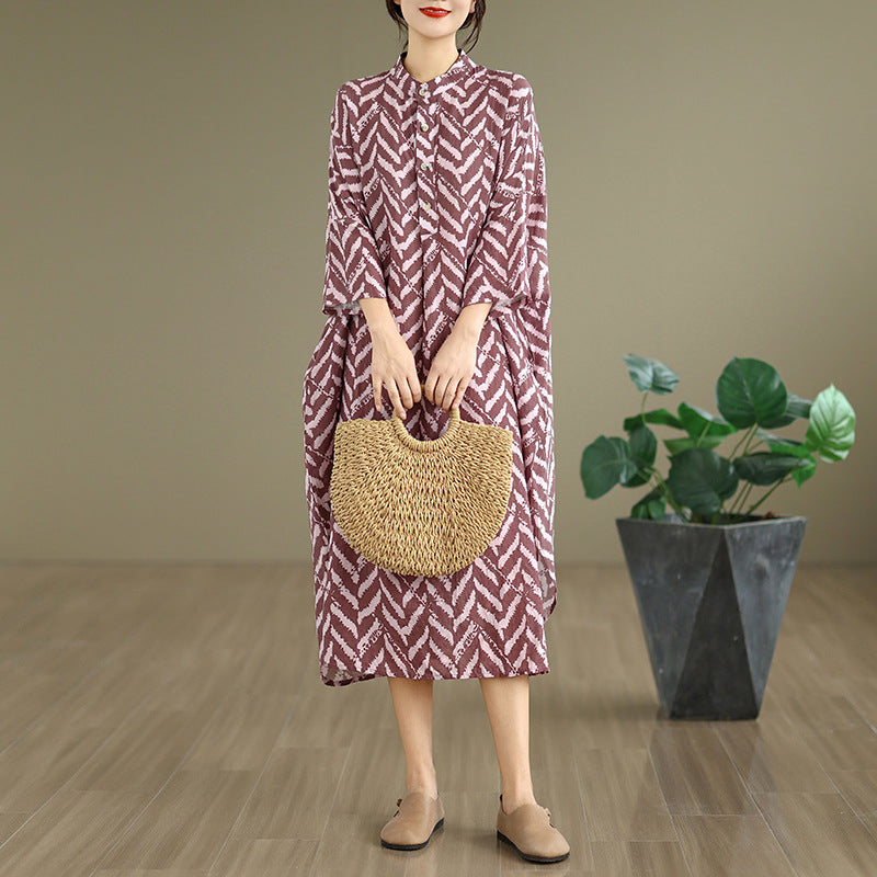 Cotton-linen Printed Mandarin-collar Loose-fit Maxi-length Resort Dress – Premium 0 | RICALOUX