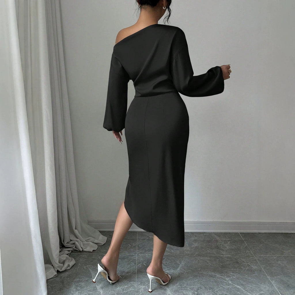 Off Shoulder Long Sleeve Dress With A Slanted Neckline – Premium 0 | RICALOUX
