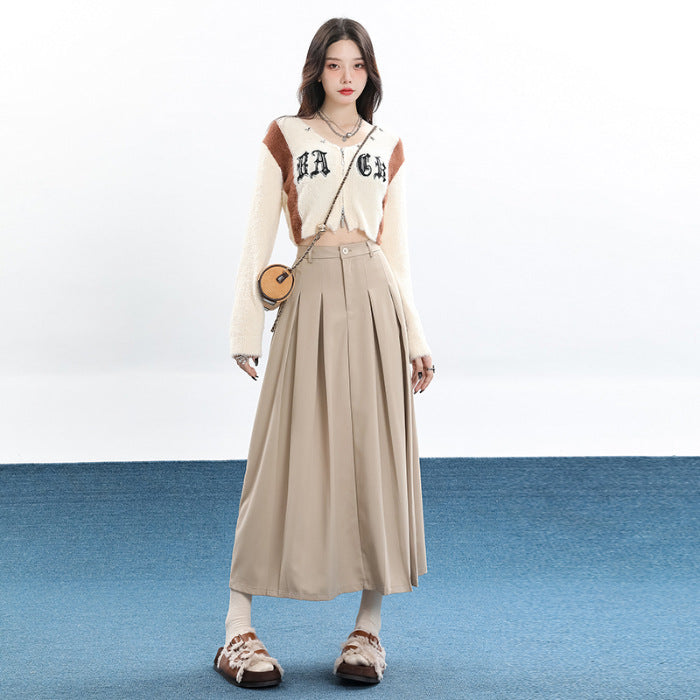 Khaki High-waisted Midi Pleated Skirt Womens Skirt by Ricaloux