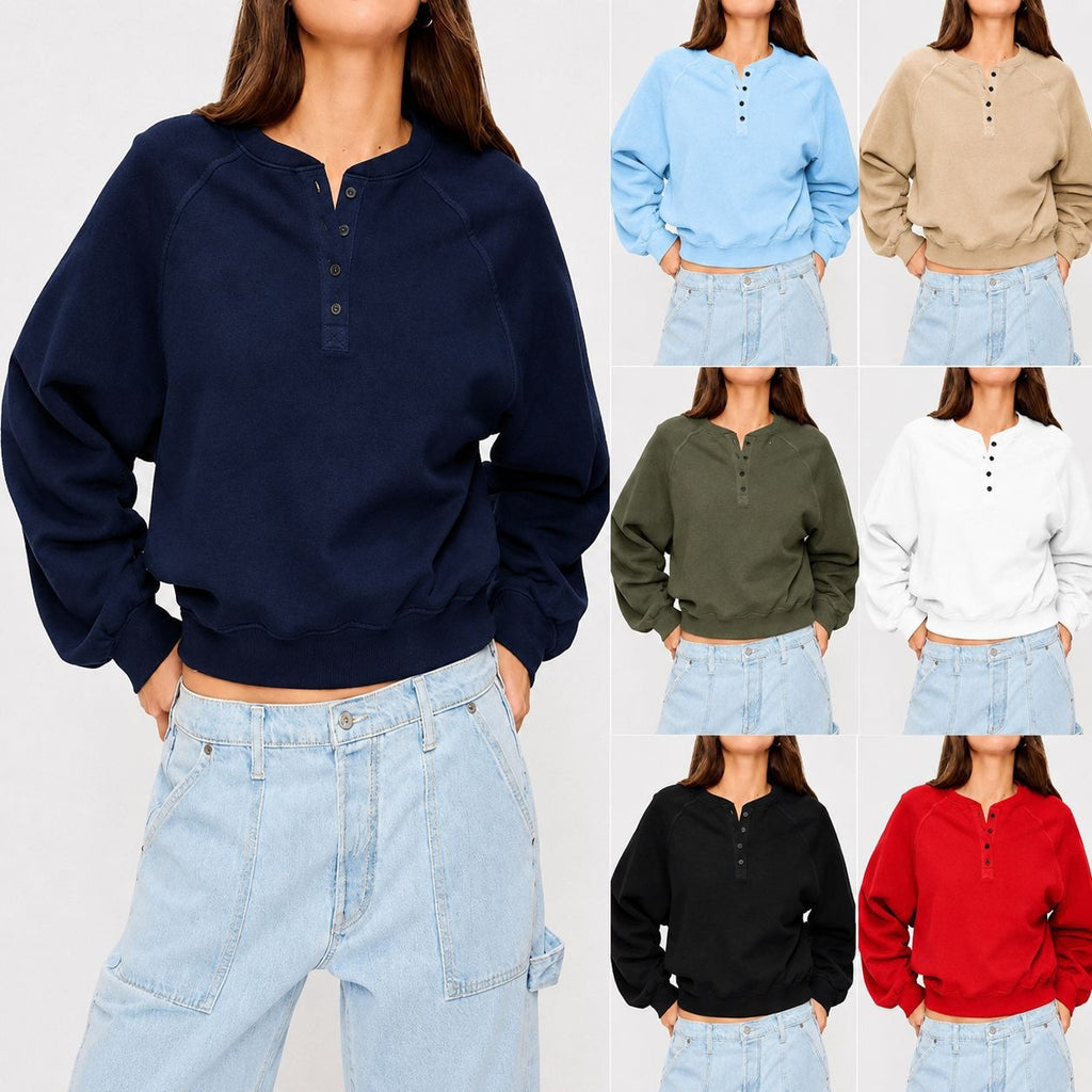 Womens Crew-neck Button-up Sweatshirt Loose-fit Casual Cropped Top by Ricaloux