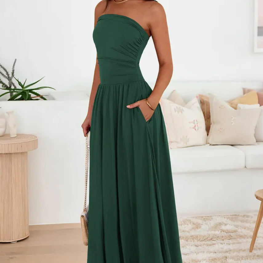 Vintage-tinged Pleated Patchwork Strapless Evening Dress by Ricaloux