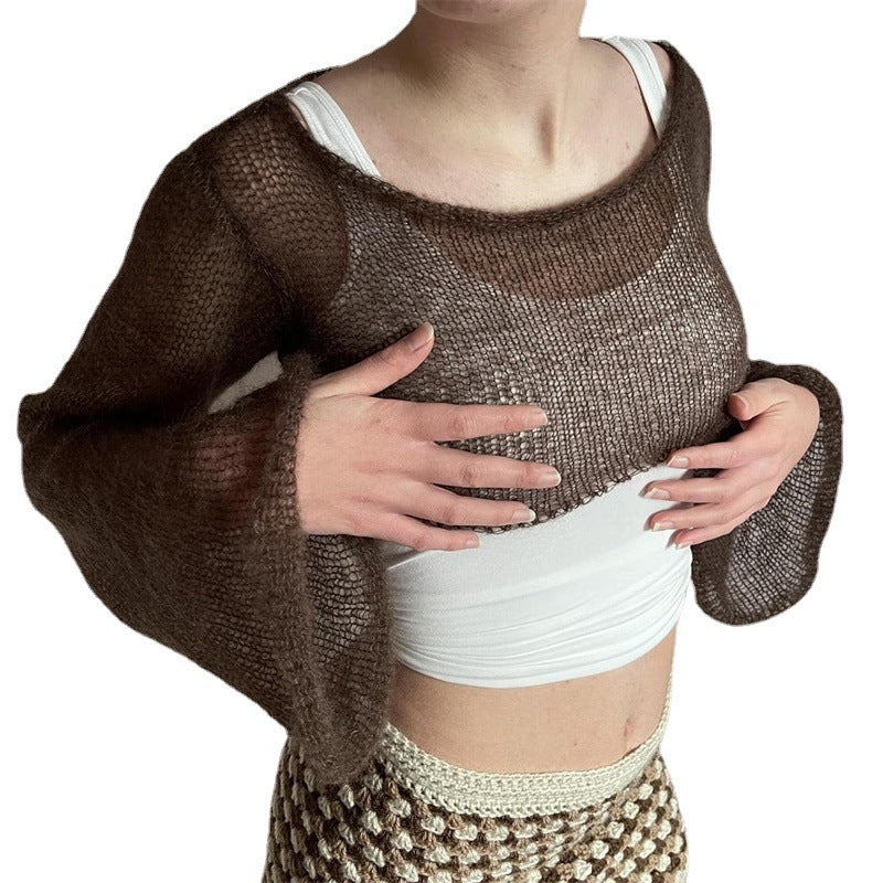 Lantern-sleeve Loose Round-neck Hollow-out Knit Sweater by Ricaloux