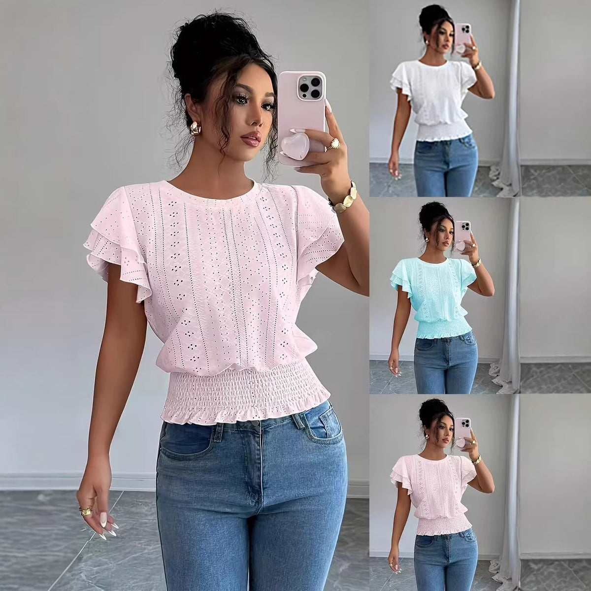 Womens Solid-Color Casual Round-Neck Top by Ricaloux