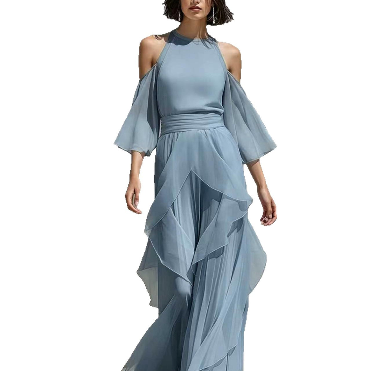 Womens Chiffon Blouse And Flare-sleeve Straight-leg Pants Set by Ricaloux