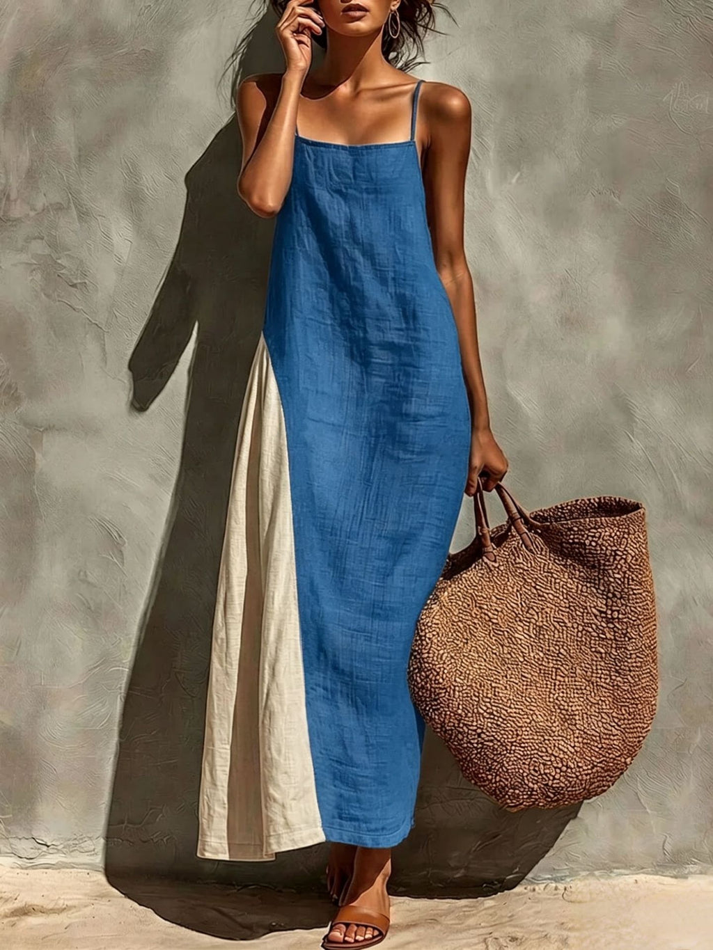 Womens Cotton-linen Versatile Minimalist Strap Dress by Ricaloux
