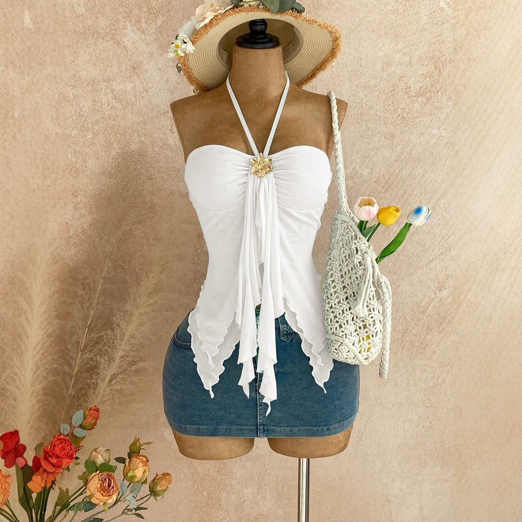 Womens Solid-color Double-layer Mesh Halter Tube Top Vest – Premium 0 | RICALOUX