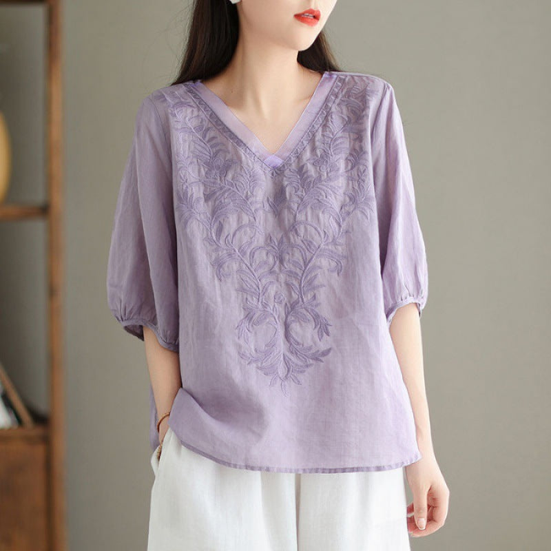 Embroidered Casual Versatile Lightweight High-end Cotton-linen Shirt by Ricaloux