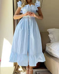 Buttoned Striped Dress With Puff Sleeves And Ruffled Hem – Premium 0 | RICALOUX
