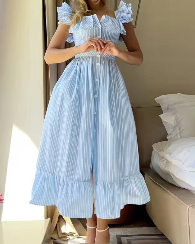Buttoned Striped Dress With Puff Sleeves And Ruffled Hem – Premium 0 | RICALOUX
