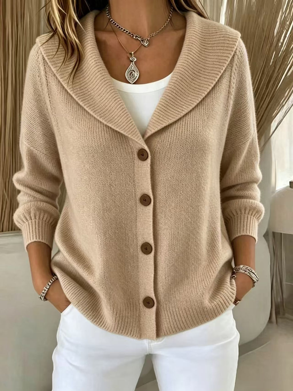 Womens Knitted Button-up Polo-neck Sweater by Ricaloux