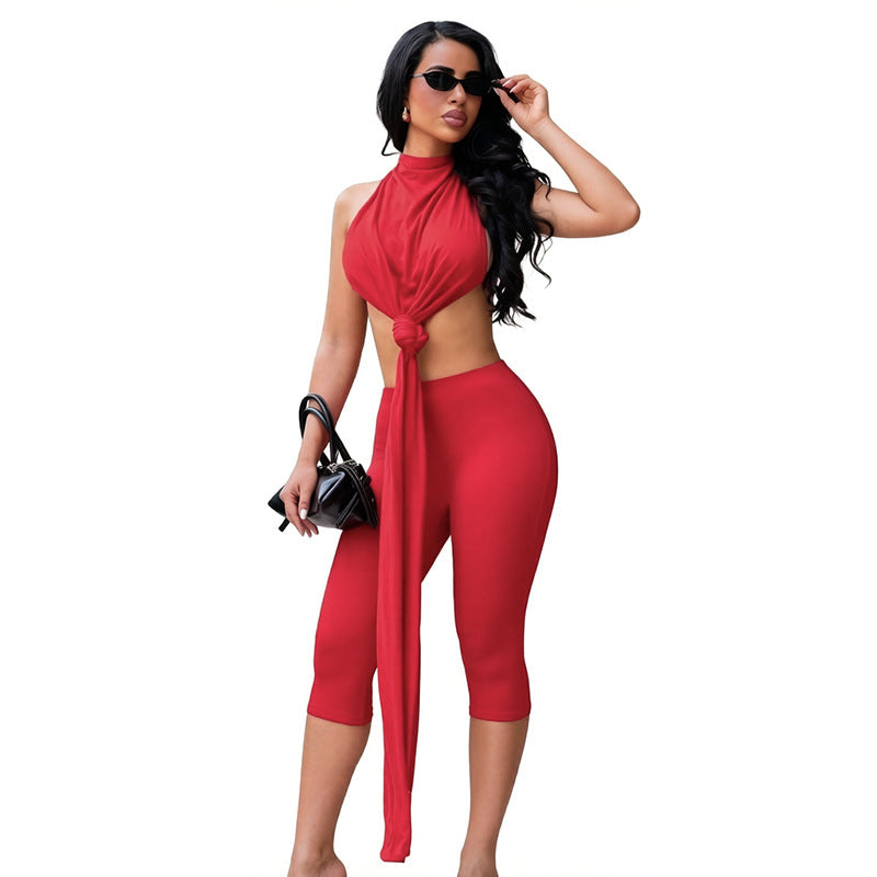 Halter-neck Tie-detail Twist Top Paired With Tight Capri Pantstwo-piece Set by Ricaloux