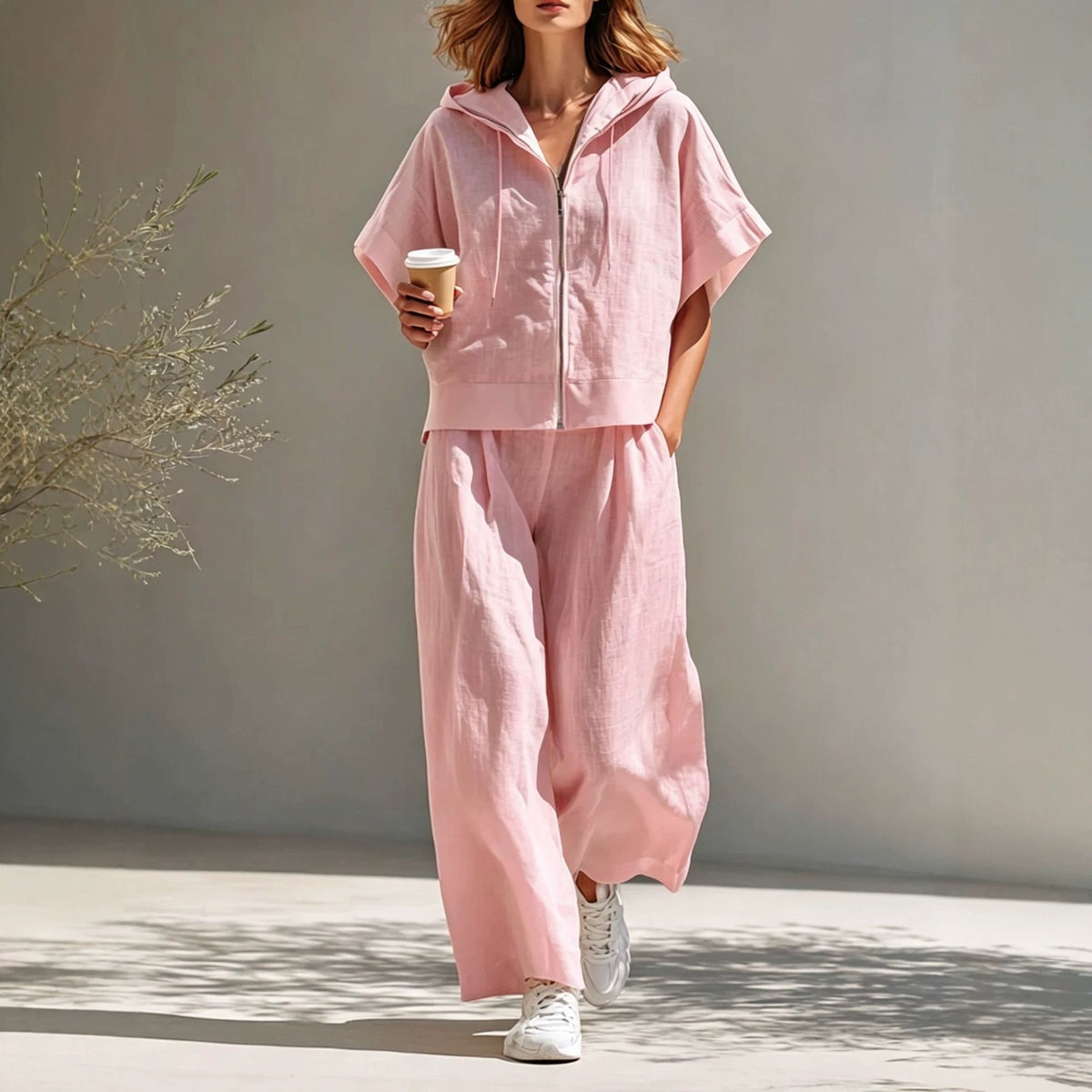 Hooded Zip-up Linen Top And Relaxed Wide-leg Pants Set by Ricaloux