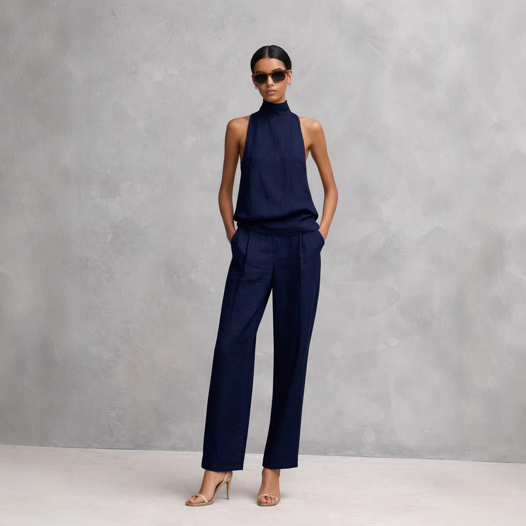 Sleeveless Turtleneck Top And Wide-leg Pants Set by Ricaloux