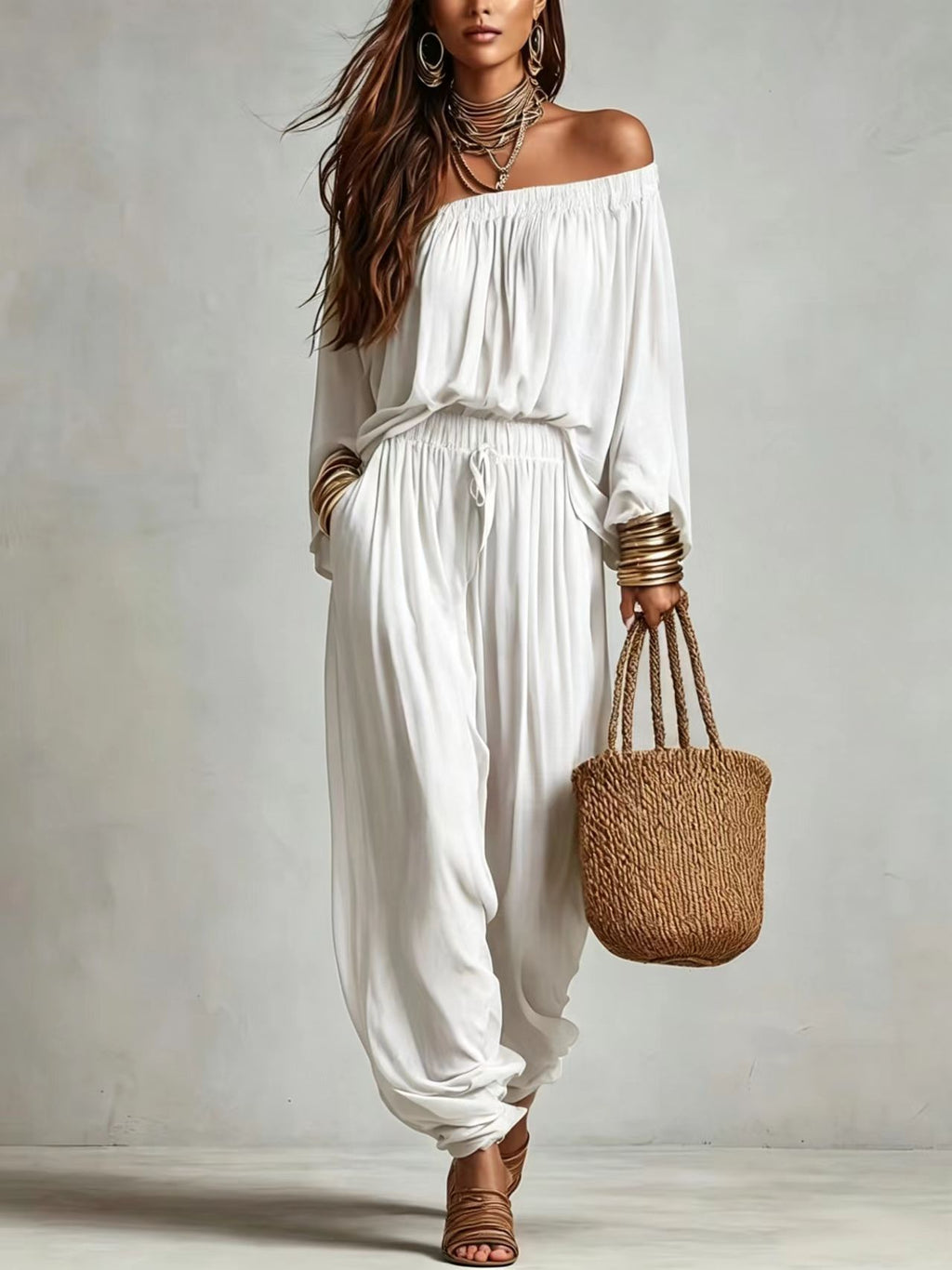 Womens Fashionable Off-shoulder Top And Wide-leg Pants Set by Ricaloux