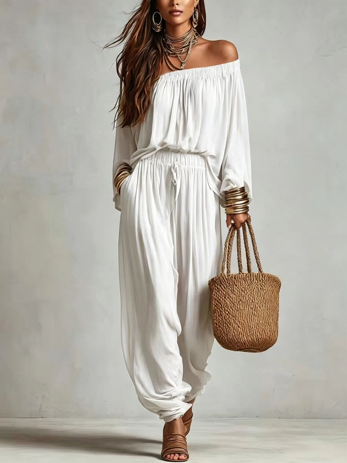 Womens Fashionable Off-shoulder Top And Wide-leg Pants Set by Ricaloux