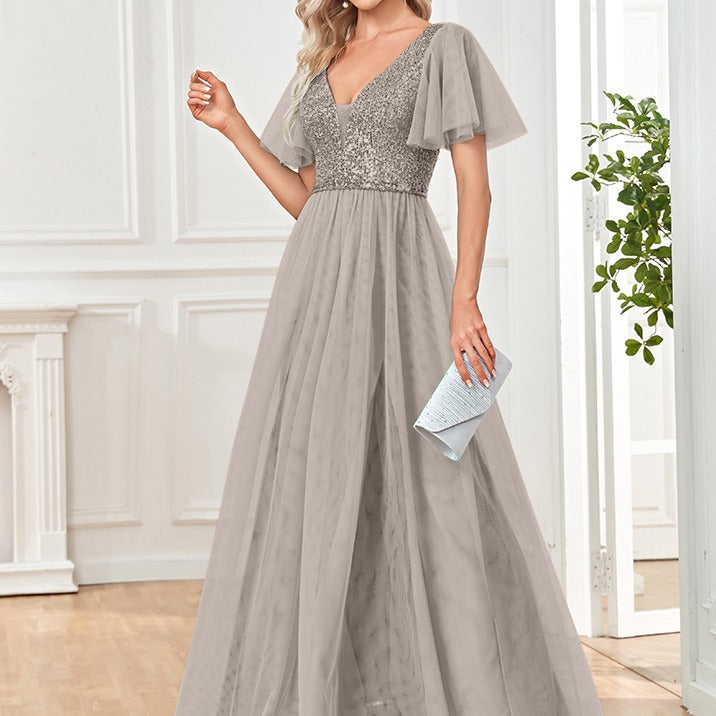 Womens Sexy V-neck Short-sleeve Long Dress by Ricaloux