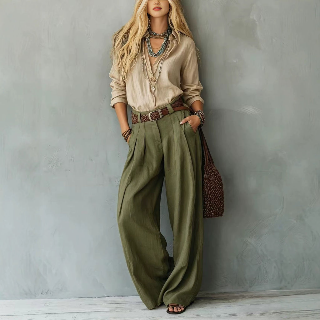 Womens Straight-Leg High-Waist Wide-Leg Pants And Blouse Set by Ricaloux