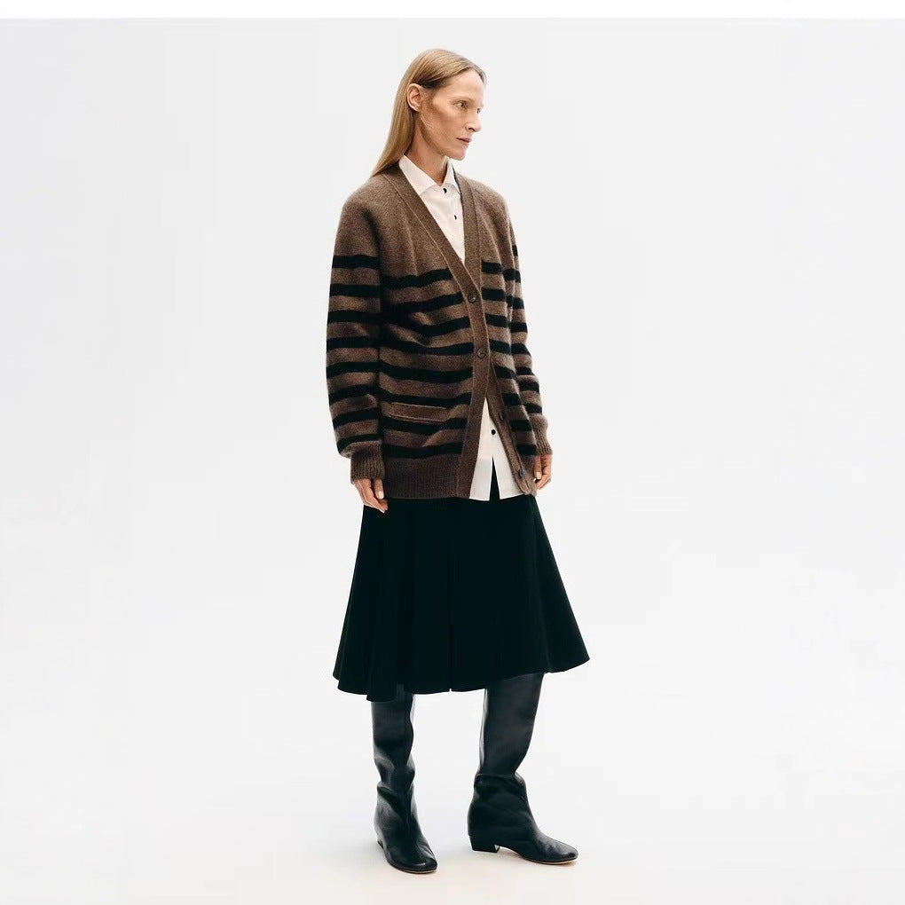 Womens Striped Wool Color-Block Knitted Cardigan Coat by Ricaloux