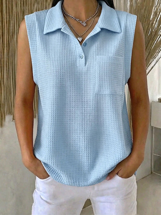Womens Solid-color Knitted Polo-neck Sleeveless Shirt Vest – Premium 0 | RICALOUX