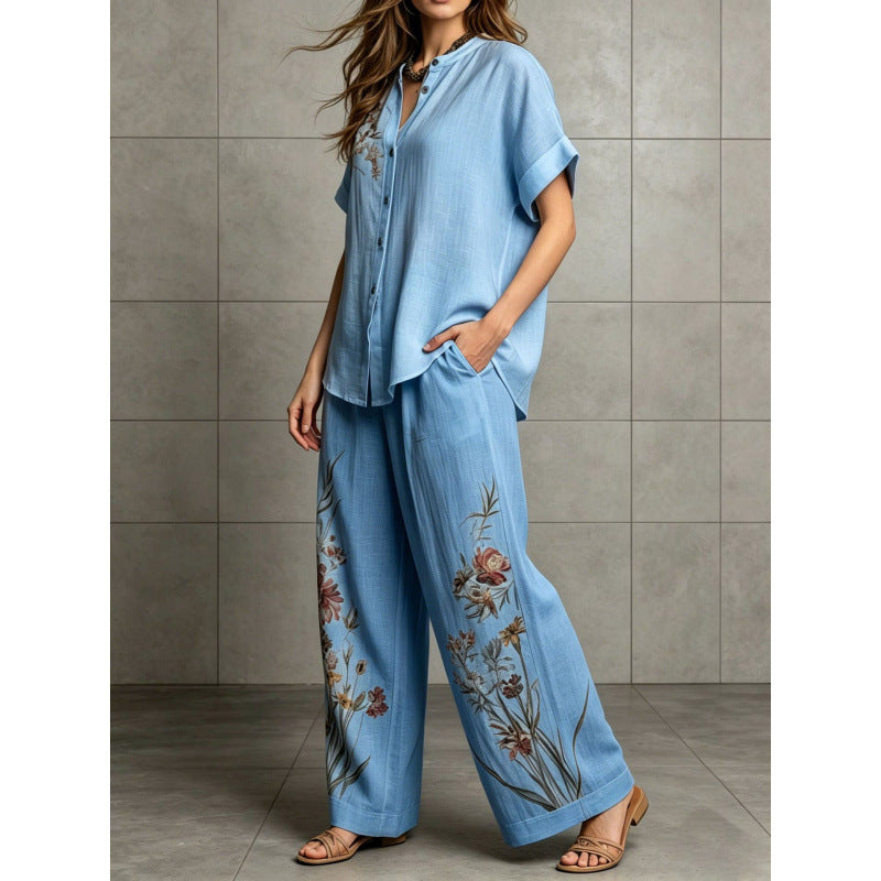 Short-sleeve Top And Wide-leg Pants Casual Two-piece Set by Ricaloux