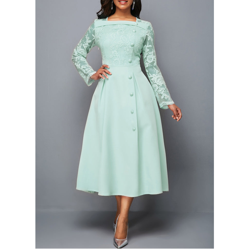 Fashionable Round Neck Lace Women's Dress High Waist Long Sleeves Printed Mid-length Dress - RICALOUX
