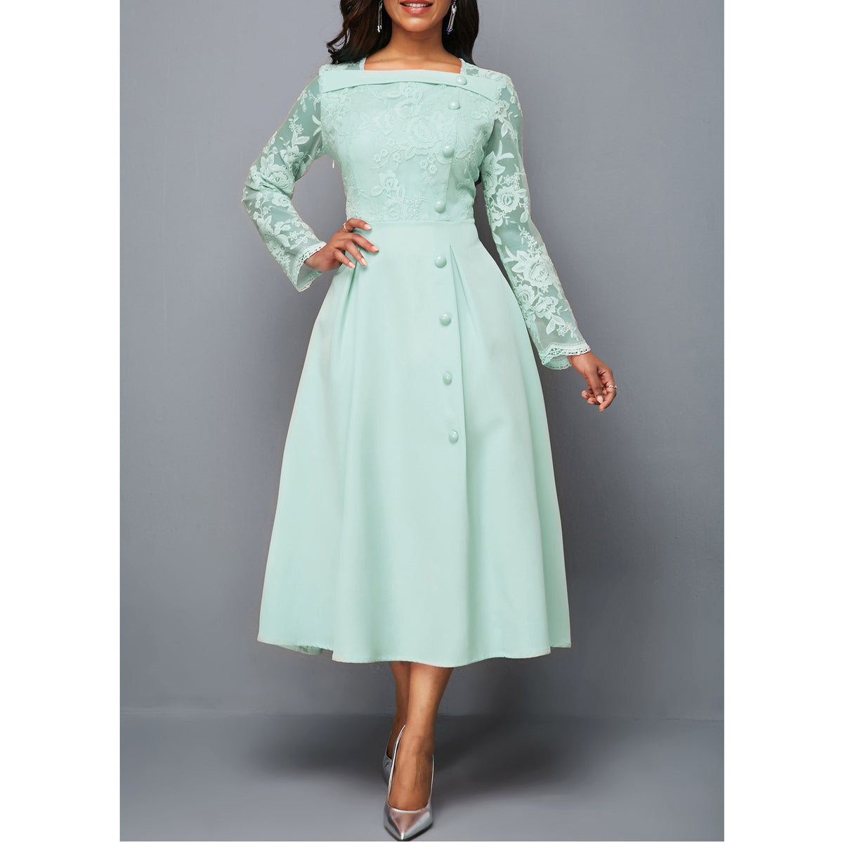 Fashionable Round Neck Lace Women's Dress High Waist Long Sleeves Printed Mid-length Dress - RICALOUX