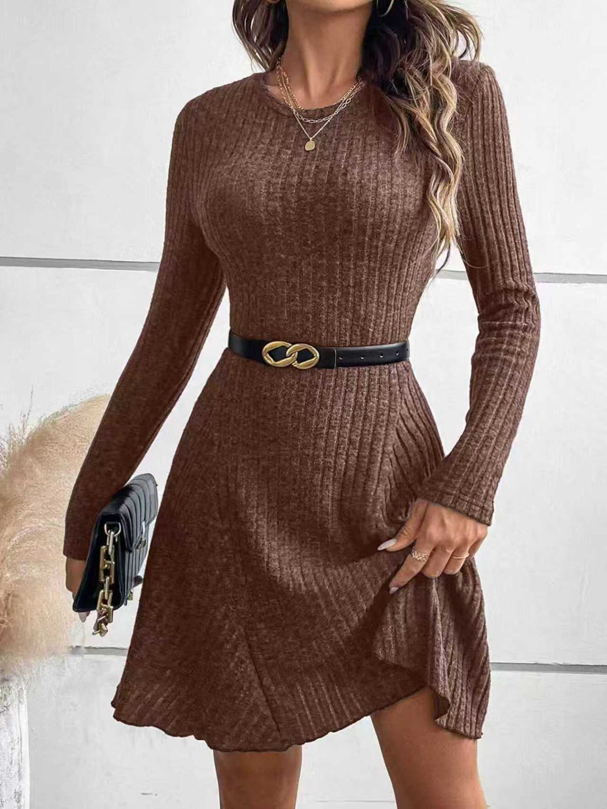 Womens Elegant Solid-color Rib-knit Crew-neck Long-sleeve Dress – Premium 0 | RICALOUX