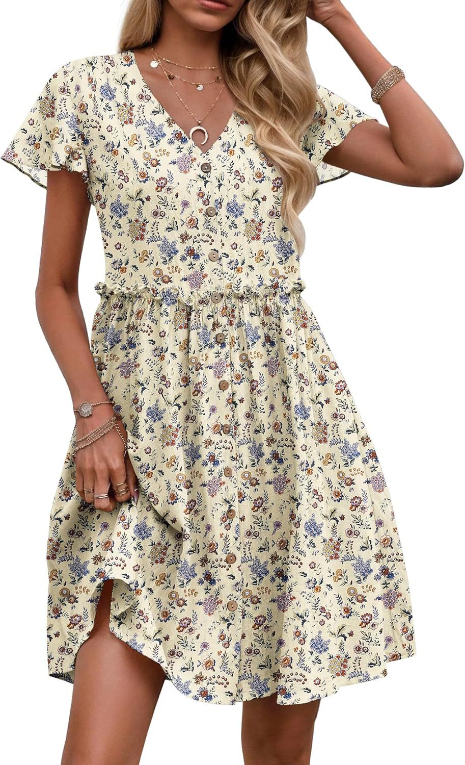 Bohemian-style Vacation V-neck Short-sleeve Ruffled Womens Dress by Ricaloux