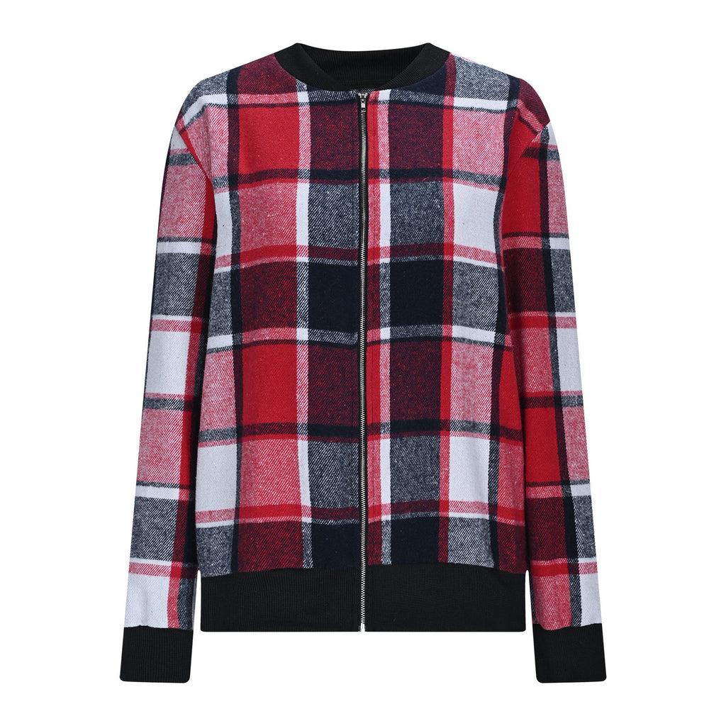 Womens Plaid Printed Long-Sleeve Zip-Up Jacket – Premium 0 | RICALOUX