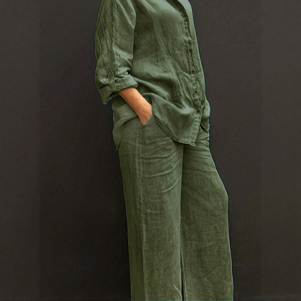 Reversible Long-sleeve Shirt Elastic-waist Trousers Solid-color Set by Ricaloux