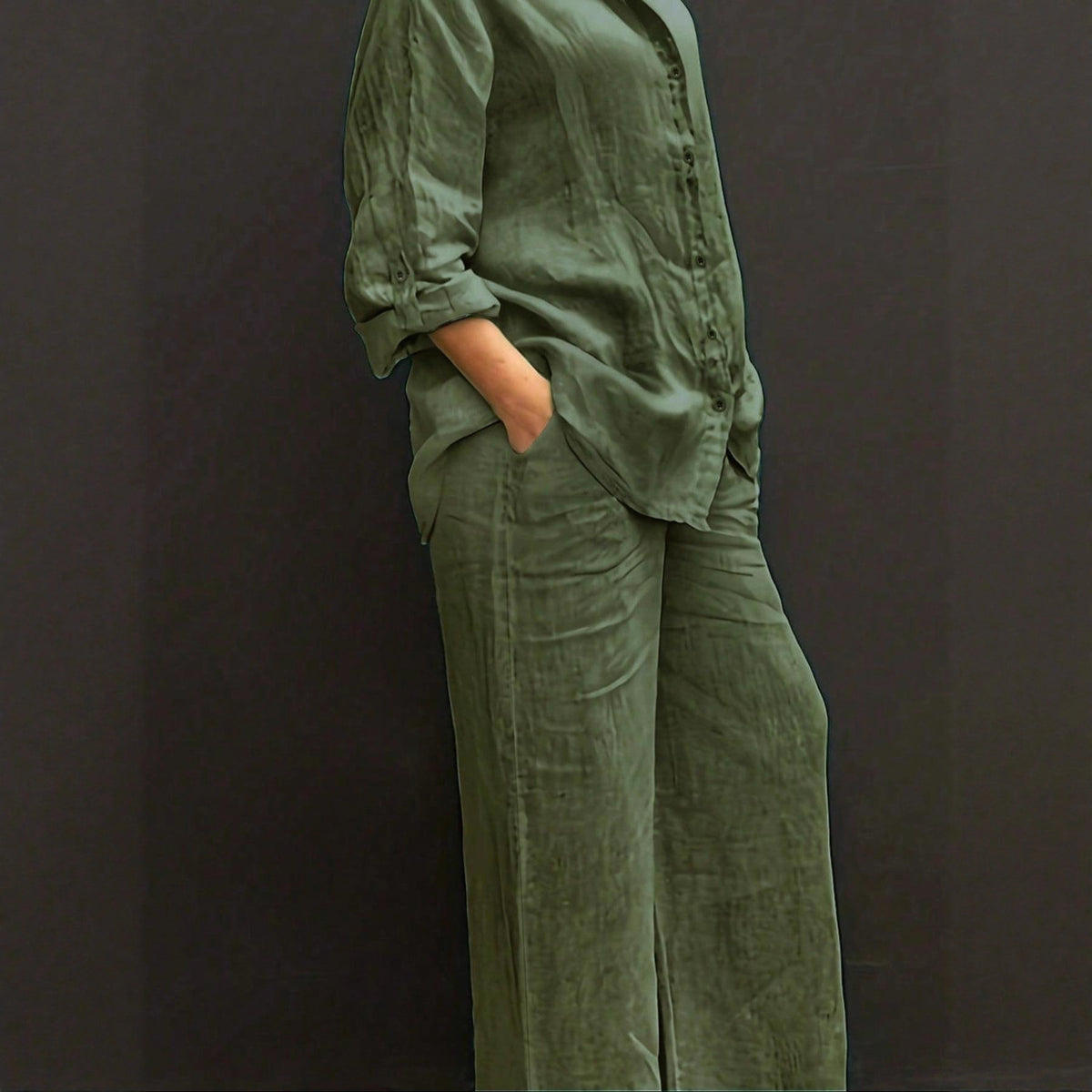 Reversible Long-sleeve Shirt Elastic-waist Trousers Solid-color Set by Ricaloux