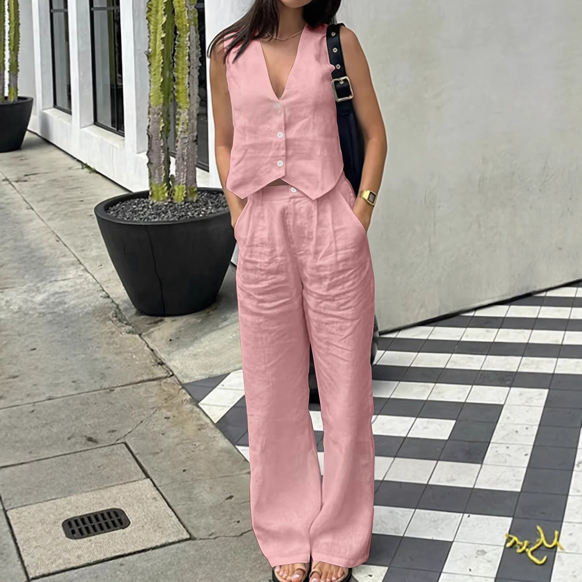 Fabric V-neck Vest High-waisted Wide-leg Pants Casual Two-piece Set by Ricaloux