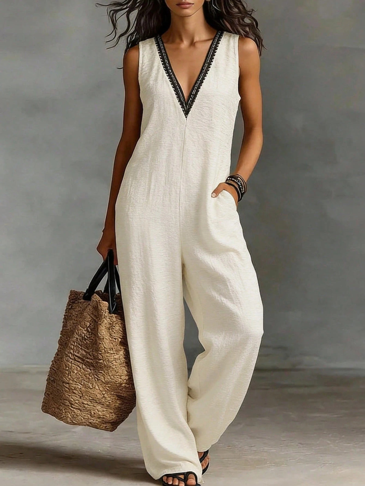 New Womens V-neck Sleeveless Wide-leg Jumpsuit – Premium 0 | RICALOUX