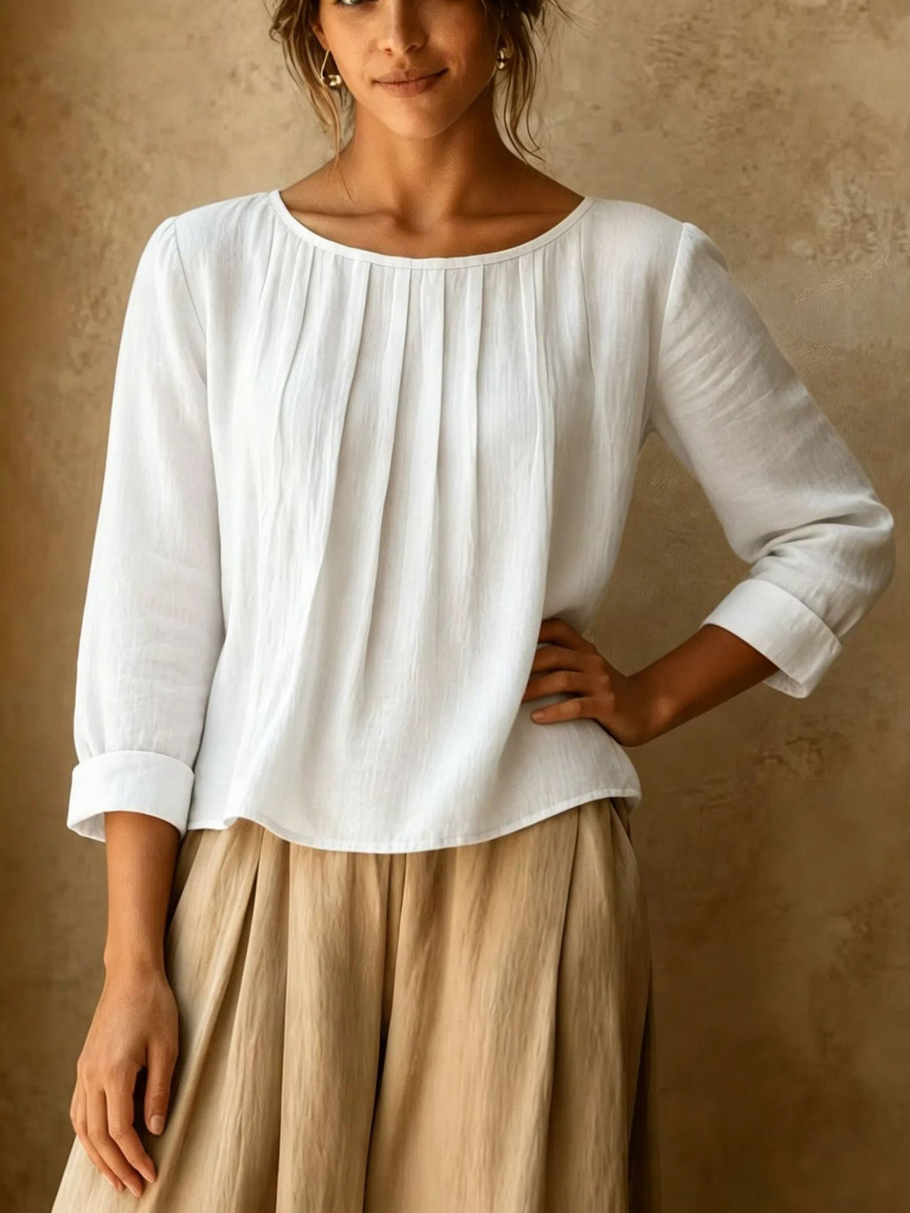 Womens Cotton-linen Top Loose-fit Round-neck Shirt by Ricaloux