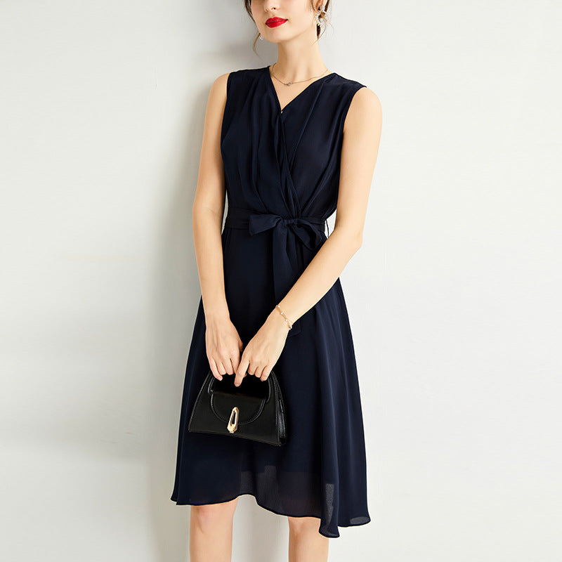French-style V-neck Sleeveless Silk Waist-cinching Dress by Ricaloux