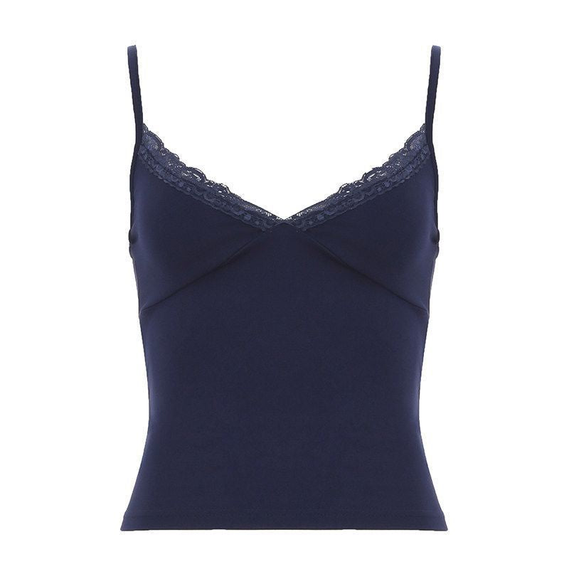 Simple Lace-trimmed V-neck Strap Solid-color Outerwear Short Top For Women by Ricaloux