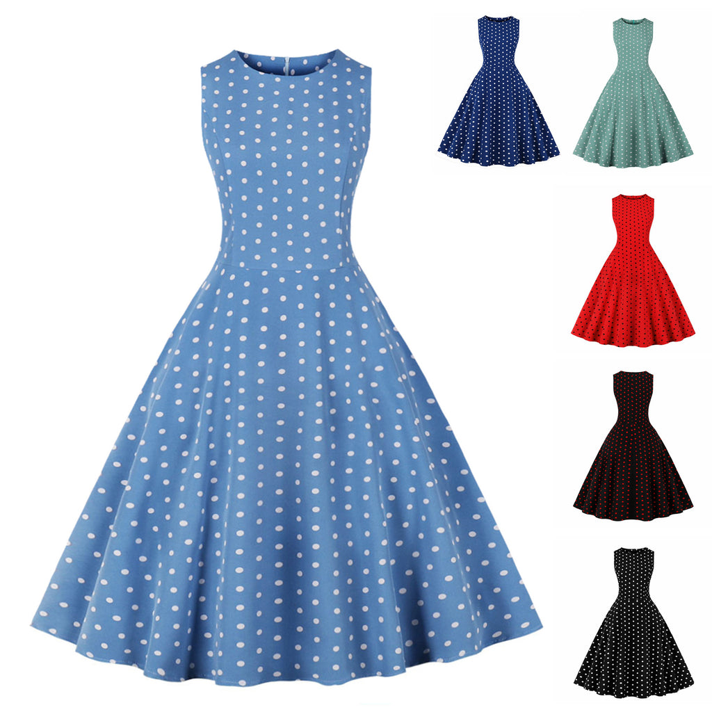 Retro Summer Round-neck Sleeveless A-line Dress With A Small Polka-dot Print And A Slim Fit by Ricaloux