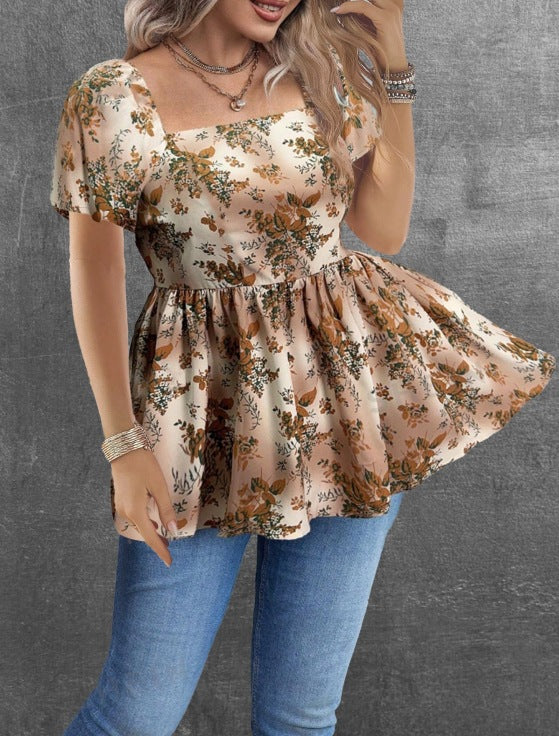 Womens Casual Short Square-neck Floral Top – Premium 0 | RICALOUX