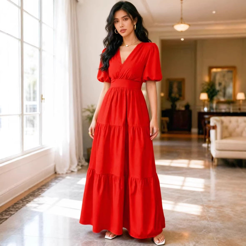 Solid-color Short-sleeve High-waisted Long Dress For Women by Ricaloux