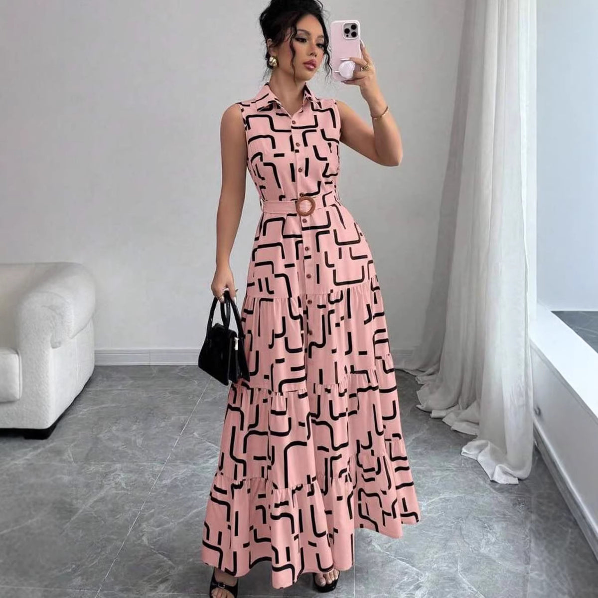Printed-button Sleeveless Lace-up Shirt-collar Dress by Ricaloux