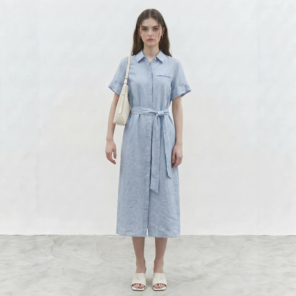 Womens Linen Shirt Dress With A Turn-down Collar And A Fitted Waist – Premium 0 | RICALOUX