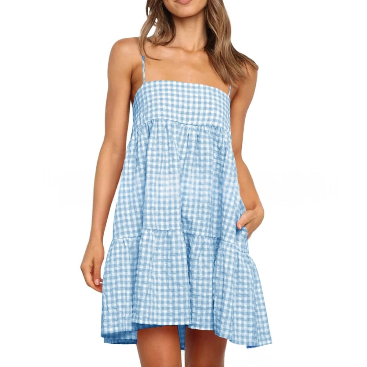 Casual Mini Dress With Shoulder Strap Ruffles And Side Pockets by Ricaloux